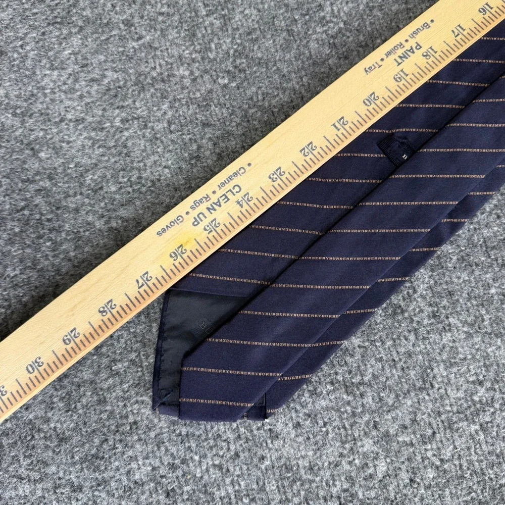 Burberry London Mens Navy Blue Silk Logo Script Diagonal Stripe Necktie Italy